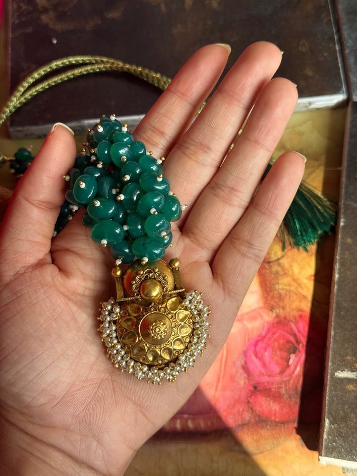 Handmade Green Onyx Cluster Necklace with 925 Silver Pendant | Adjustable Dori Statement Jewelry