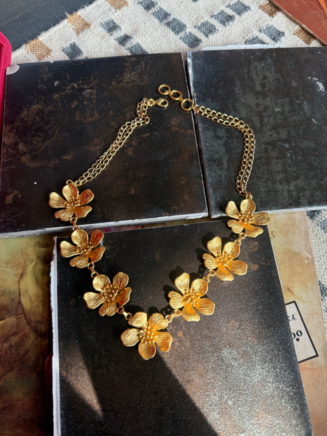 Handmade Flower Statement Necklace | Gold Polish Brass Adjustable Lobster Claw Jewelry