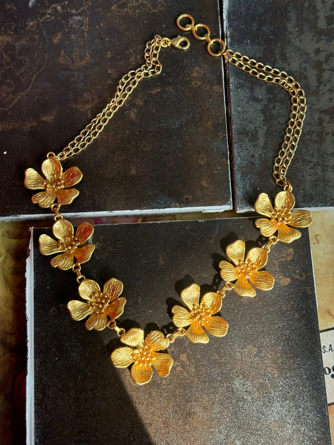 Handmade Flower Statement Necklace | Gold Polish Brass Adjustable Lobster Claw Jewelry