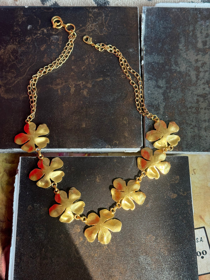 Handmade Flower Statement Necklace | Gold Polish Brass Adjustable Lobster Claw Jewelry