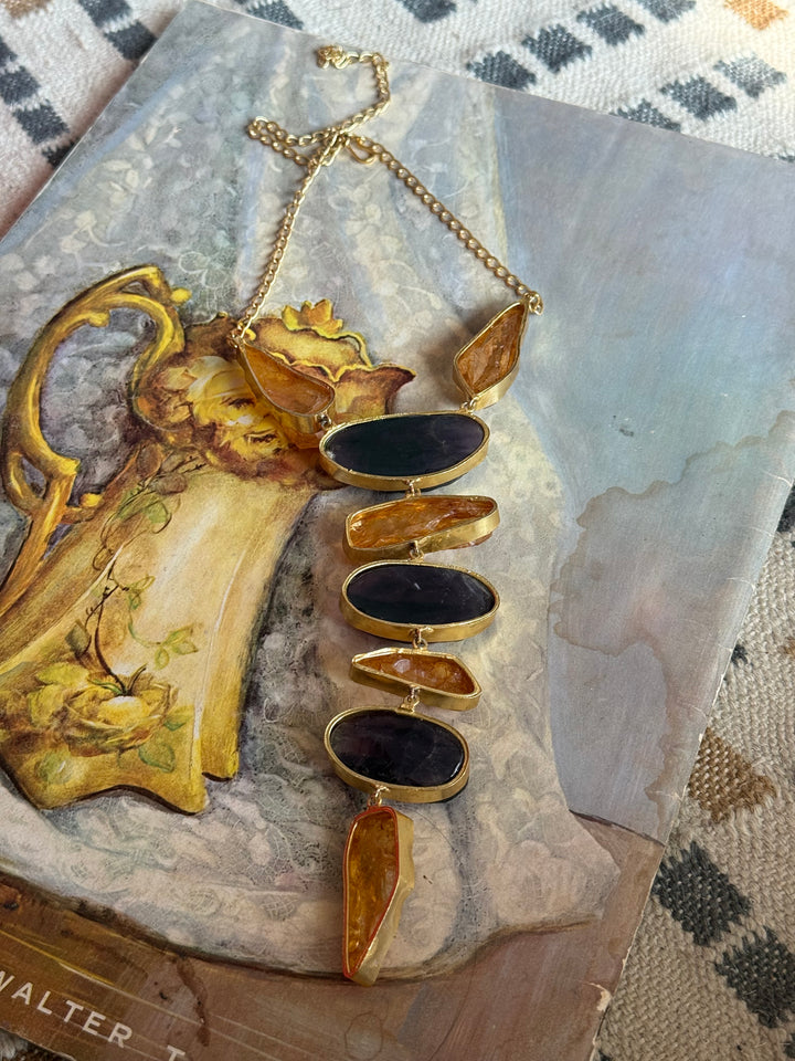Handmade Brass Amethyst and Citrine Tie Necklace: Modern Adjustable Gemstone Pendant