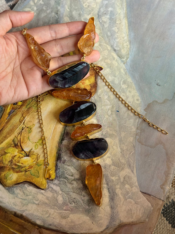 Handmade Brass Amethyst and Citrine Tie Necklace: Modern Adjustable Gemstone Pendant