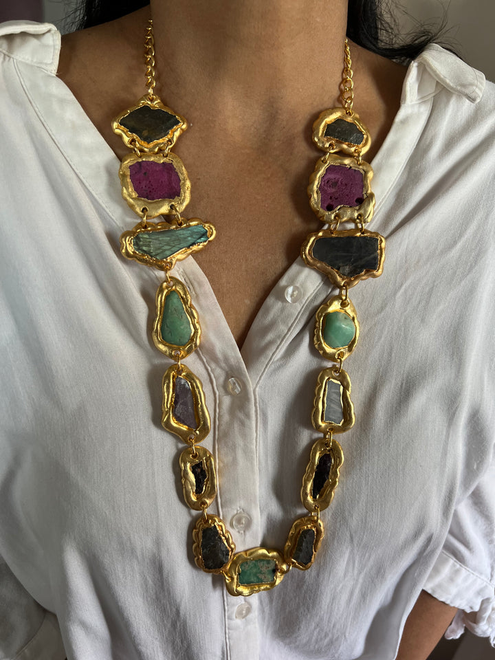 Statement Gold Embedded Natural Gemstones Necklace