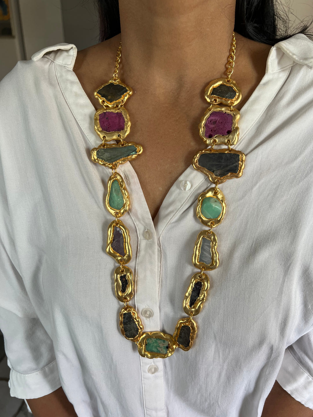 Statement Gold Embedded Natural Gemstones Necklace