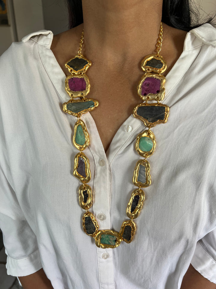 Statement Gold Embedded Natural Gemstones Necklace