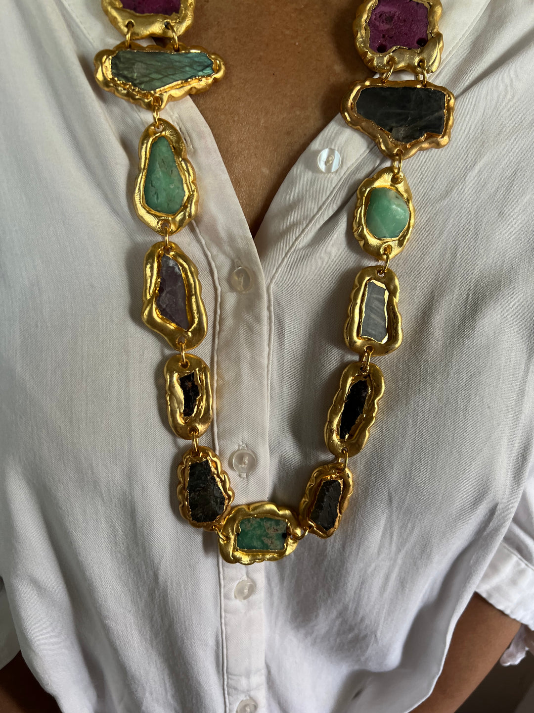 Statement Gold Embedded Natural Gemstones Necklace