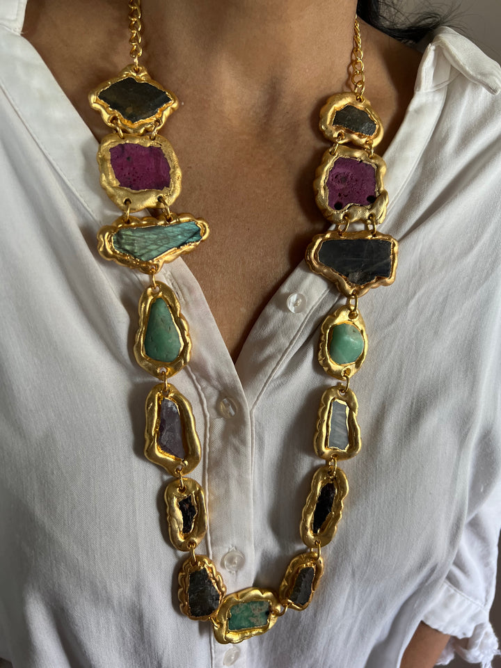 Statement Gold Embedded Natural Gemstones Necklace