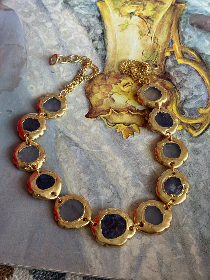 Handmade Raw Amethyst Gold Embedded Necklace | Adjustable Lobster Claw Brass Statement Jewelry