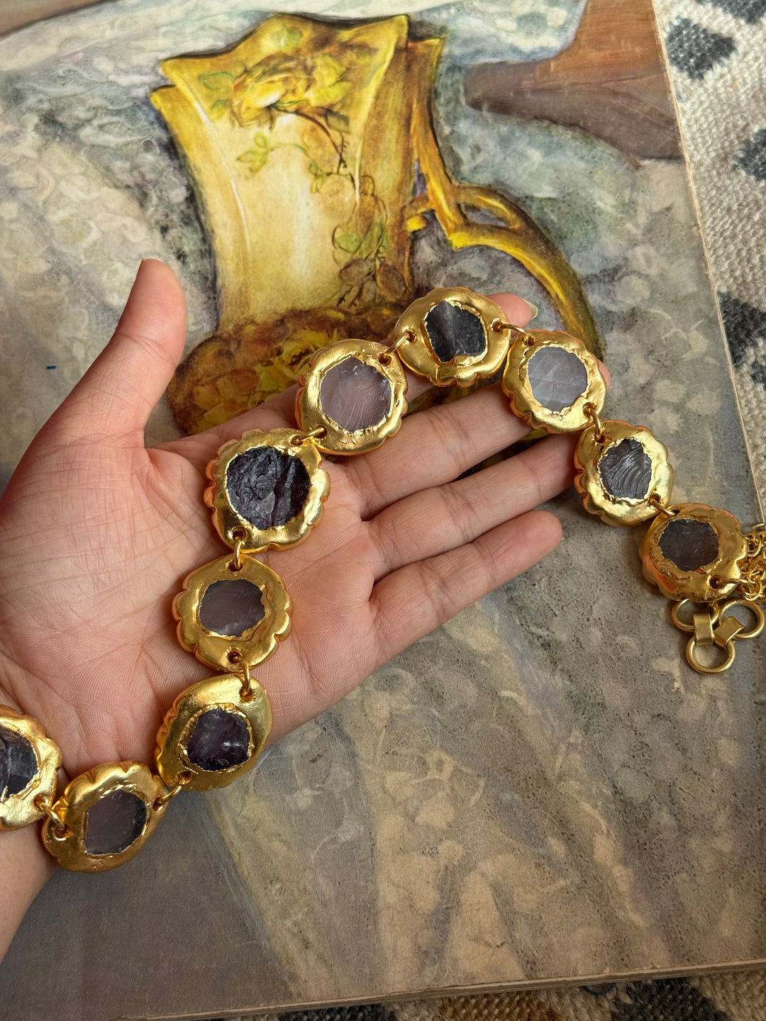 Handmade Raw Amethyst Gold Embedded Necklace | Adjustable Lobster Claw Brass Statement Jewelry