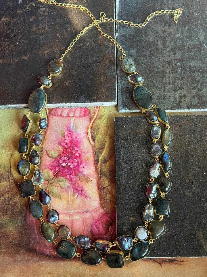 Handmade Natural Labradorite Statement Necklace | Brass Adjustable Hook Closure Jewelry