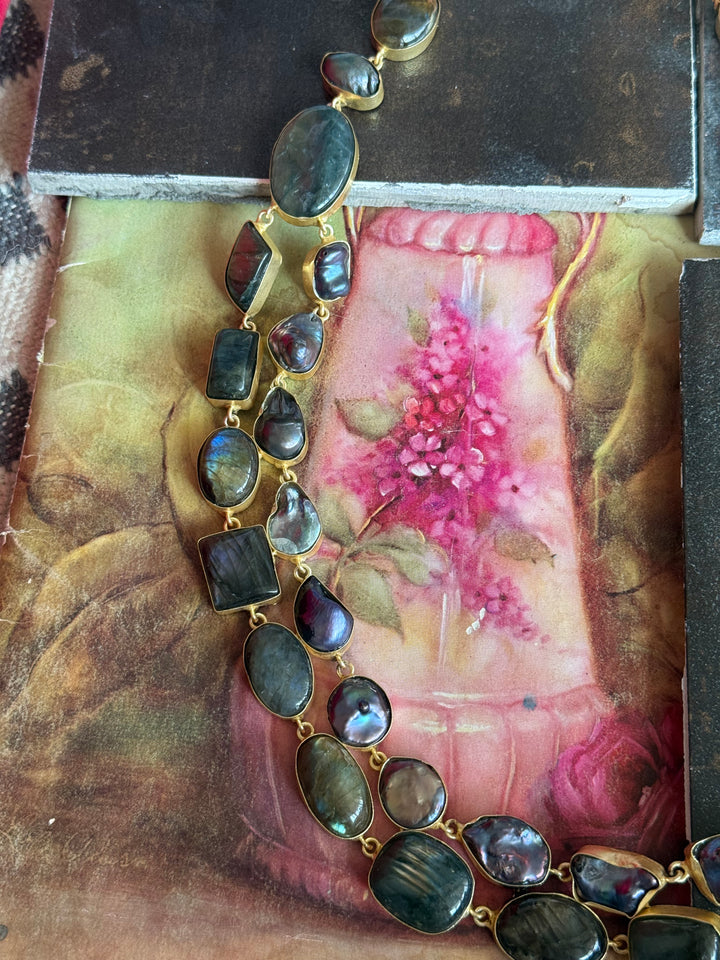Handmade Natural Labradorite Statement Necklace | Brass Adjustable Hook Closure Jewelry