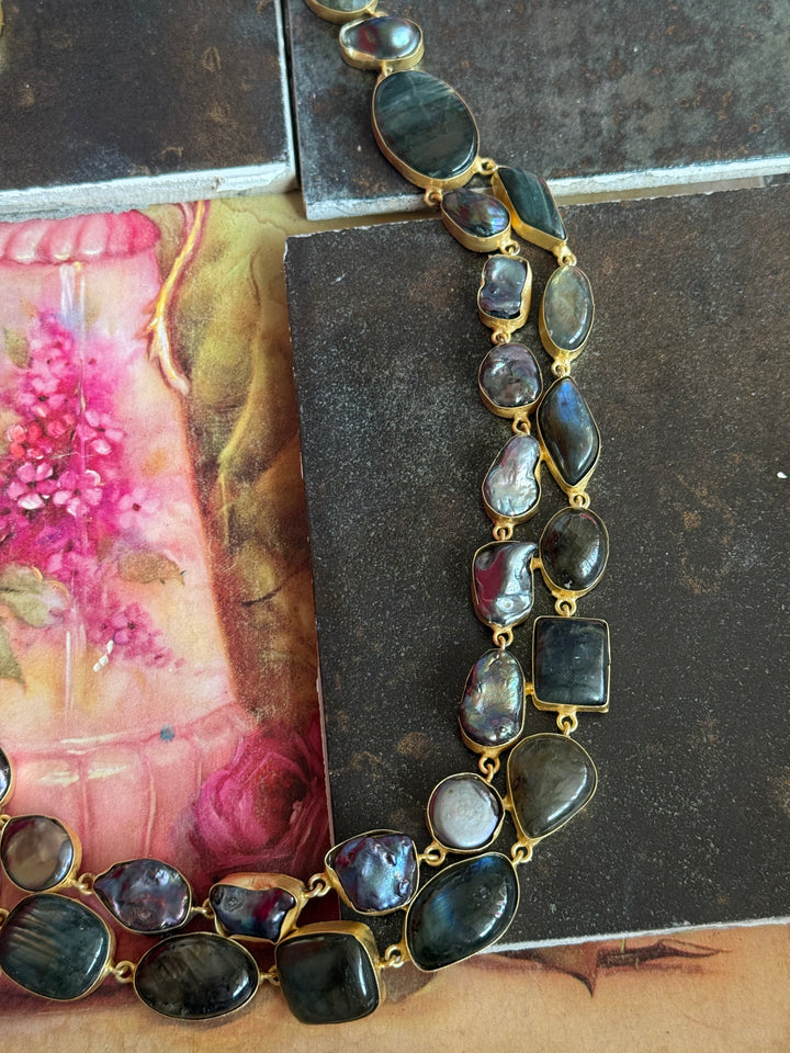 Handmade Natural Labradorite Statement Necklace | Brass Adjustable Hook Closure Jewelry