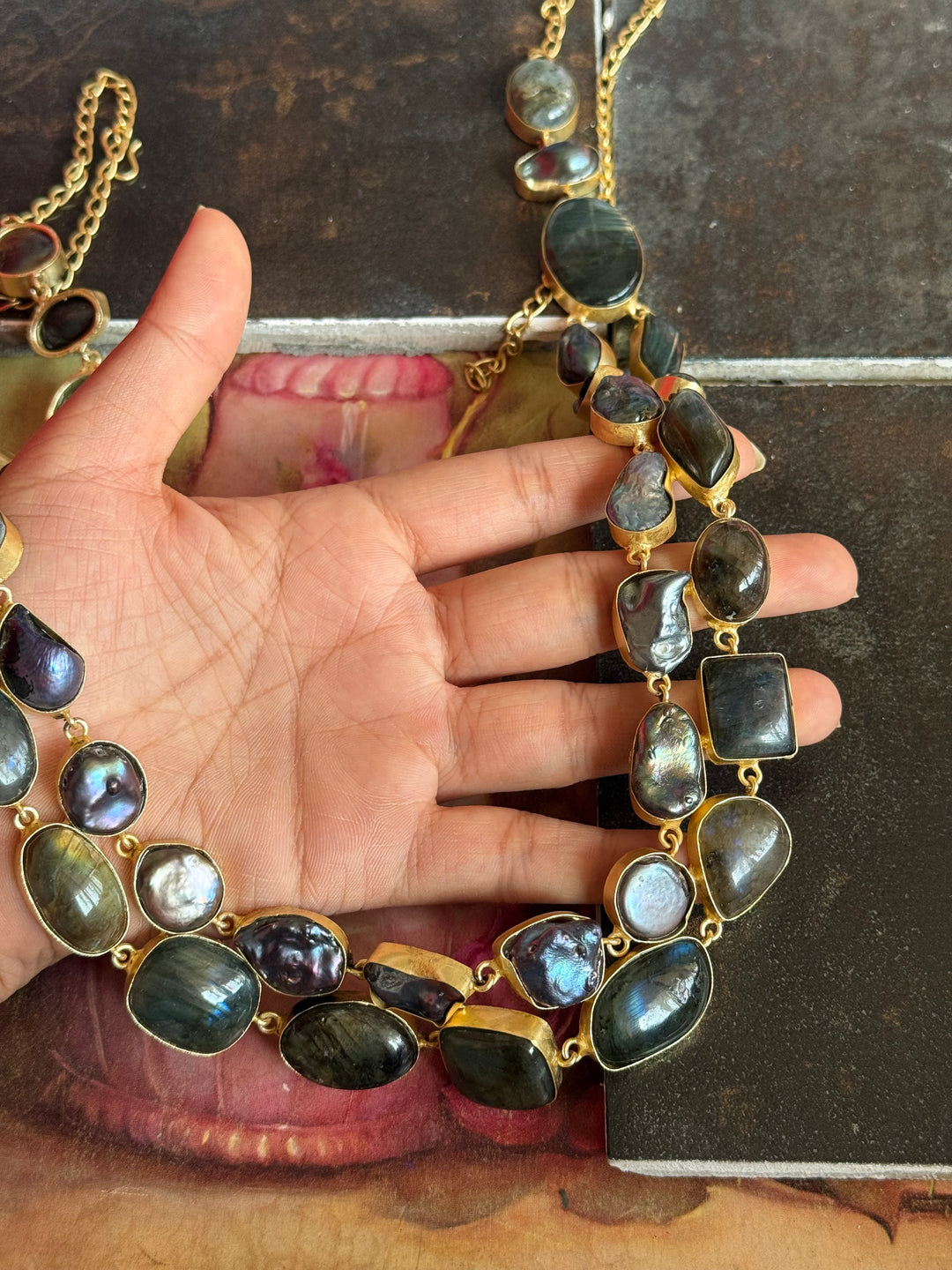 Handmade Natural Labradorite Statement Necklace | Brass Adjustable Hook Closure Jewelry