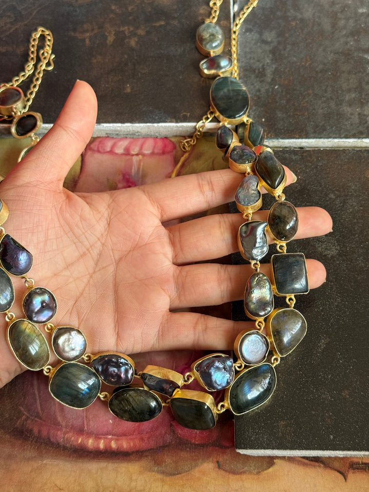 Handmade Natural Labradorite Statement Necklace | Brass Adjustable Hook Closure Jewelry