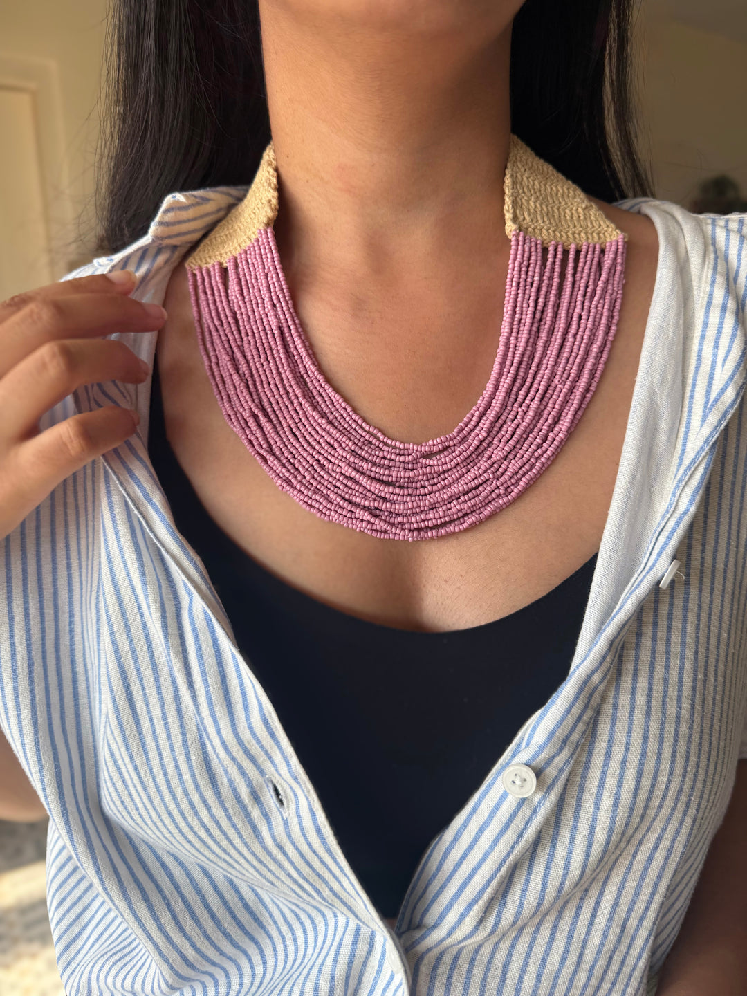 Handcrafted Lilac Beaded Statement Necklace with Knitted Detail