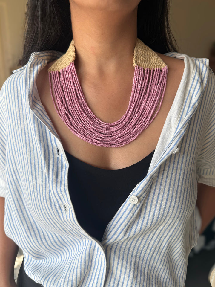 Handcrafted Lilac Beaded Statement Necklace with Knitted Detail
