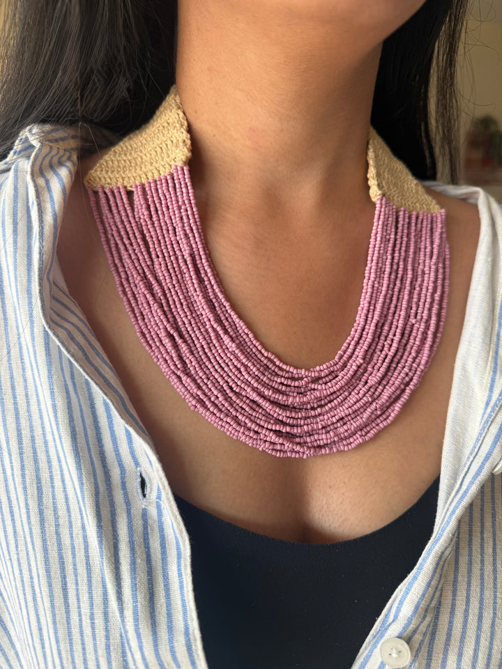 Handcrafted Lilac Beaded Statement Necklace with Knitted Detail