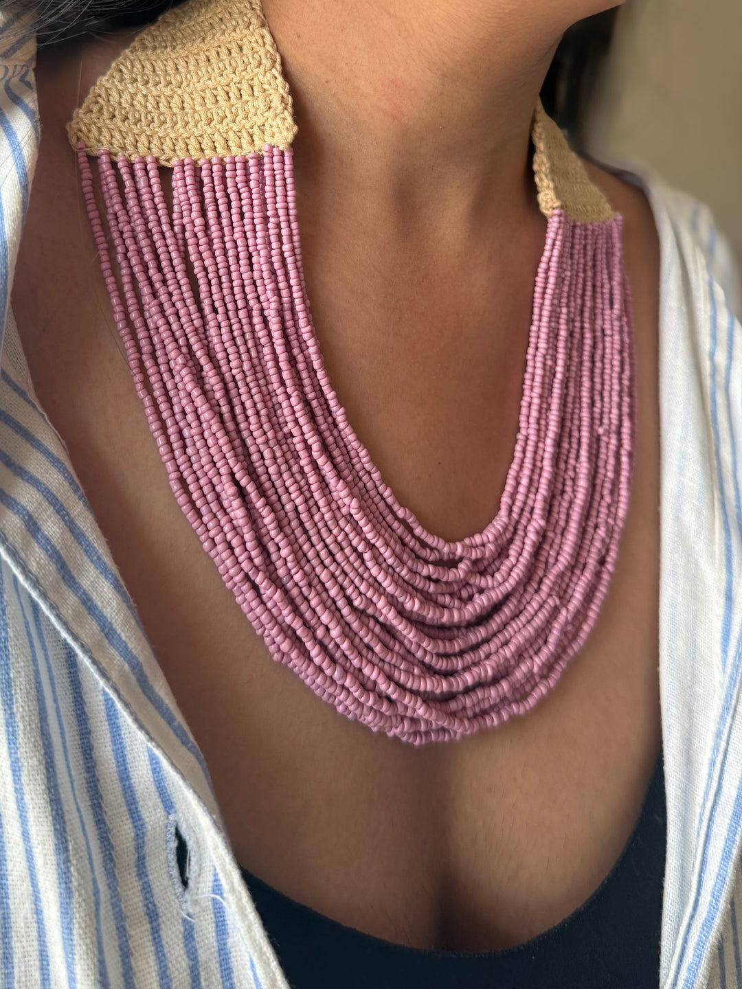 Handcrafted Lilac Beaded Statement Necklace with Knitted Detail