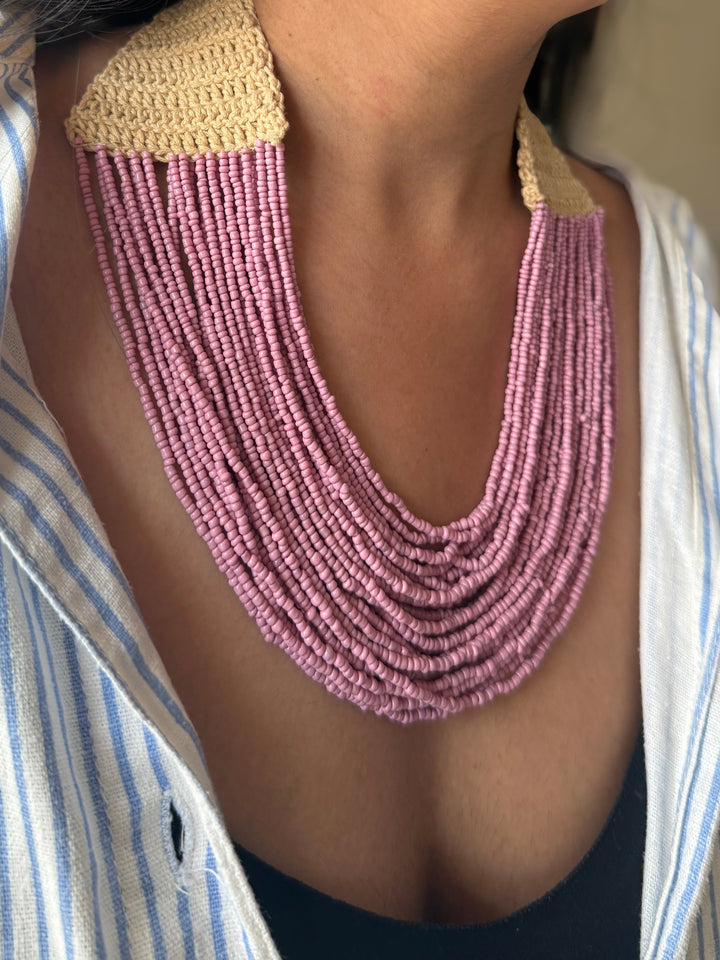 Handcrafted Lilac Beaded Statement Necklace with Knitted Detail