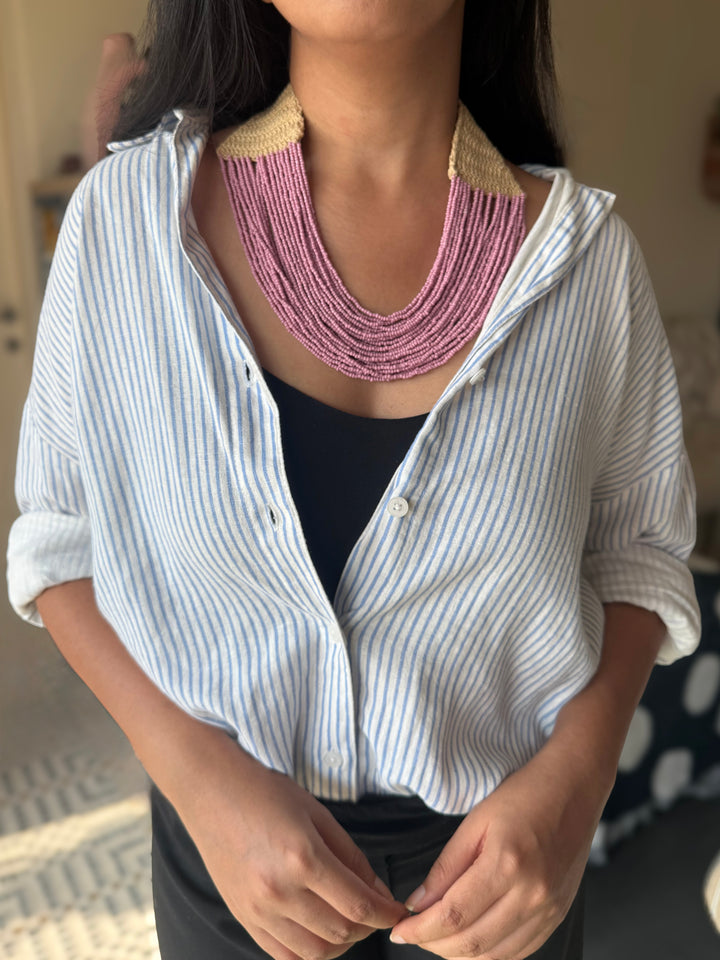 Handcrafted Lilac Beaded Statement Necklace with Knitted Detail