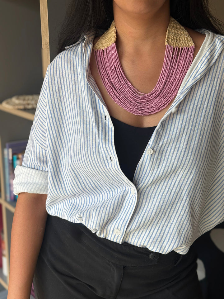 Handcrafted Lilac Beaded Statement Necklace with Knitted Detail