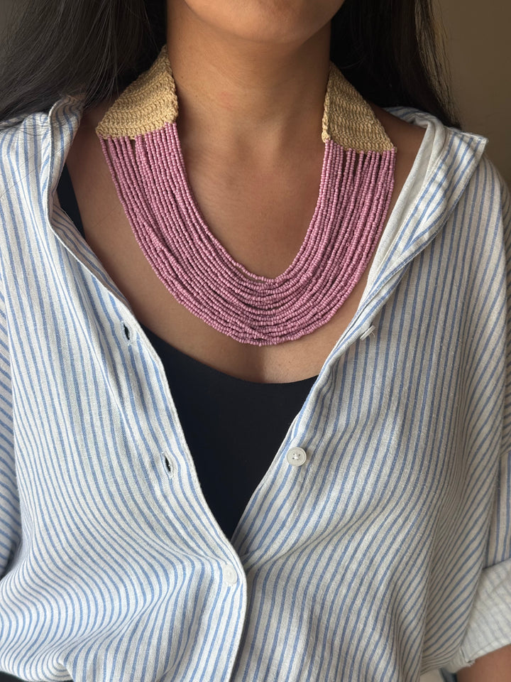 Handcrafted Lilac Beaded Statement Necklace with Knitted Detail