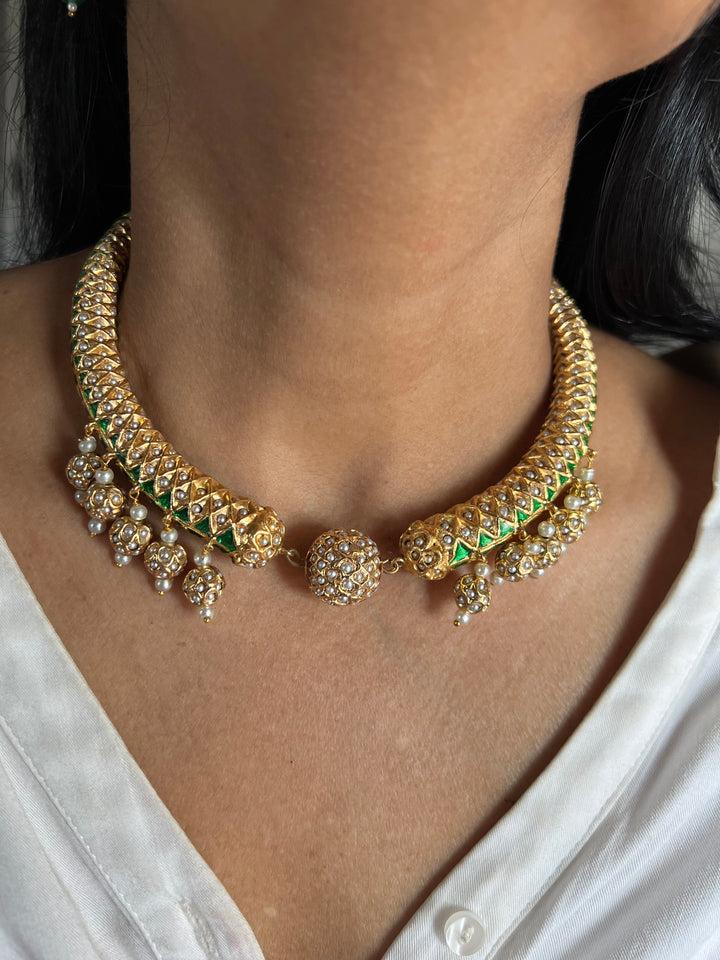 Statement Jadau Hasli Necklace Set | 18k Gold Plated | Copper & Semi-Precious Stones