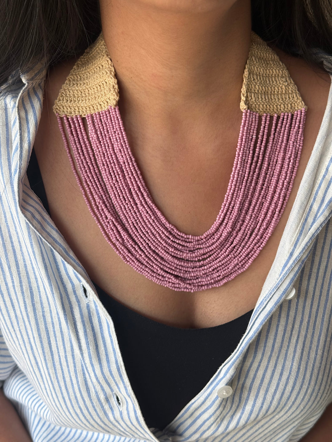 Handcrafted Lilac Beaded Statement Necklace with Knitted Detail
