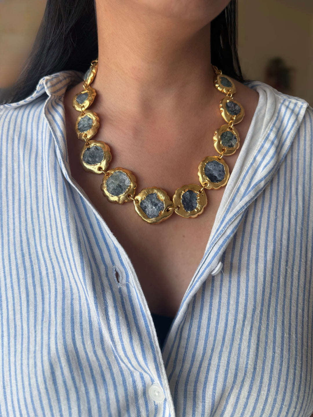 Handmade Natural Stones Gold Embedded Necklace | Adjustable Lobster Claw Brass Statement Jewelry