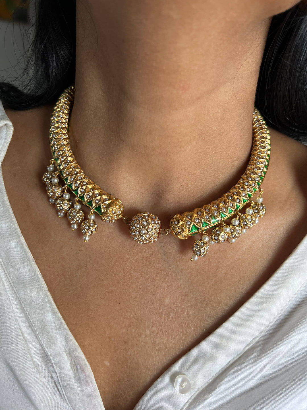 Statement Jadau Hasli Necklace Set | 18k Gold Plated | Copper & Semi-Precious Stones