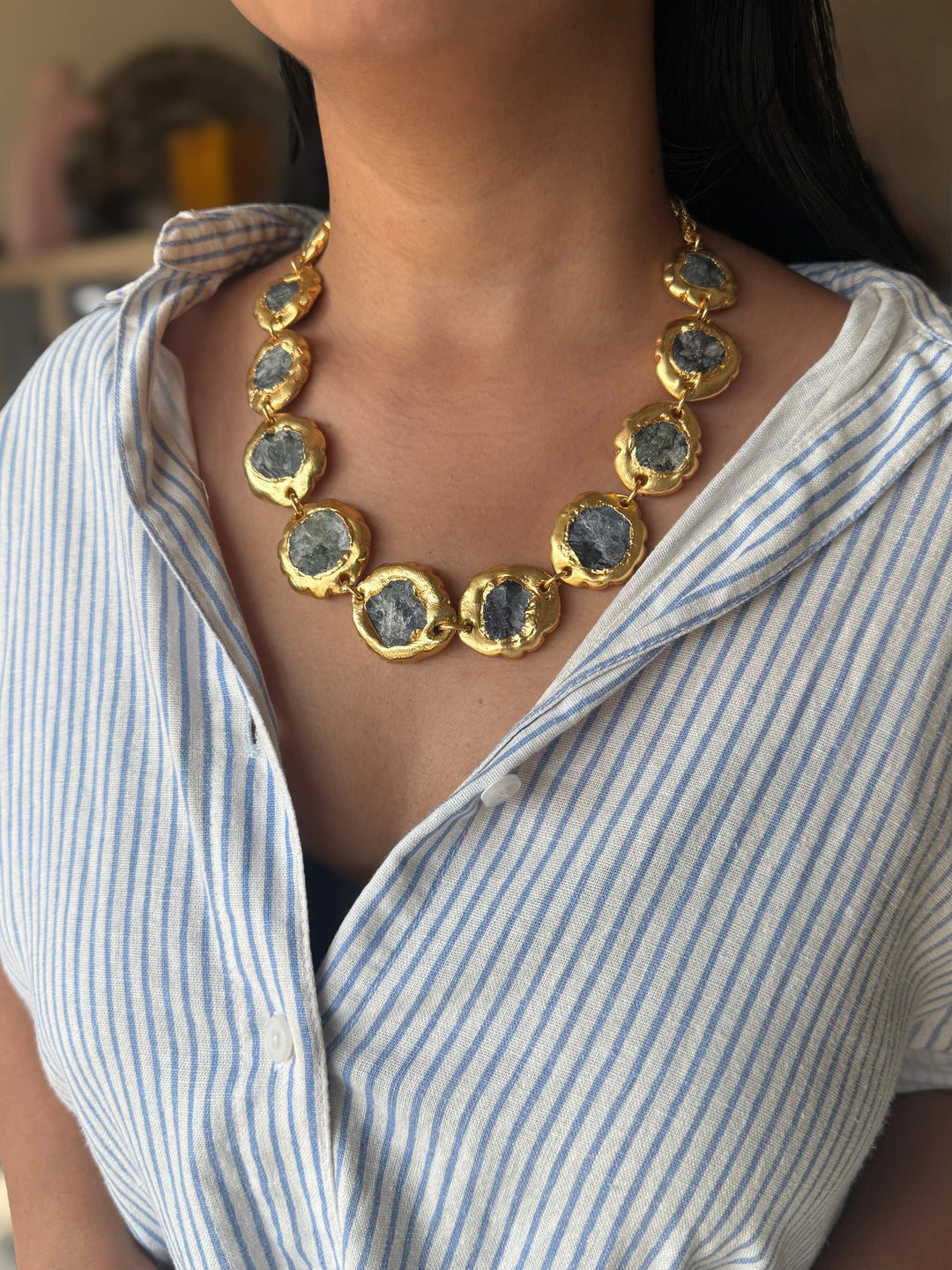 Handmade Natural Stones Gold Embedded Necklace | Adjustable Lobster Claw Brass Statement Jewelry
