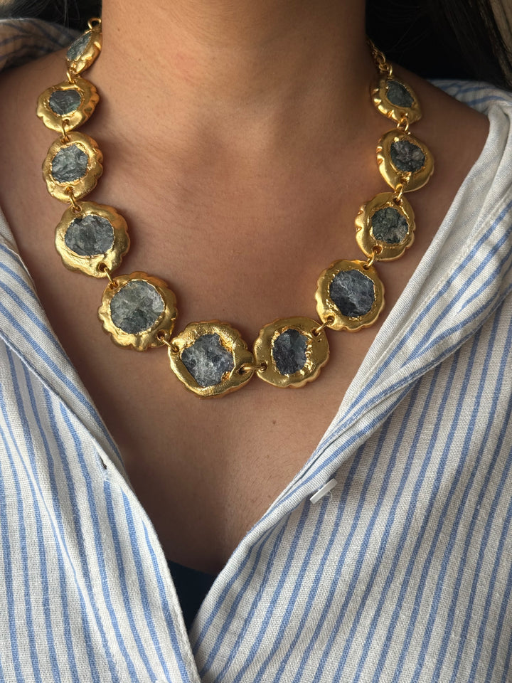 Handmade Natural Stones Gold Embedded Necklace | Adjustable Lobster Claw Brass Statement Jewelry