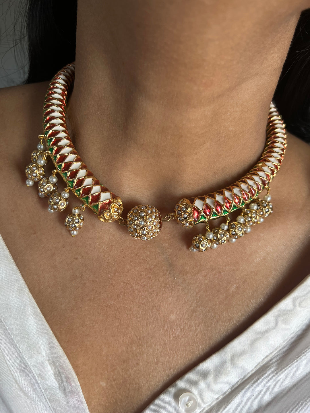 Statement Jadau Hasli Necklace Set | 18k Gold Plated | Copper & Semi-Precious Stones