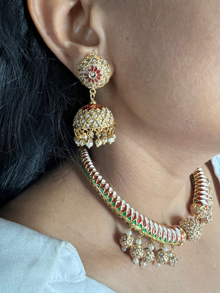 Statement Jadau Hasli Necklace Set | 18k Gold Plated | Copper & Semi-Precious Stones