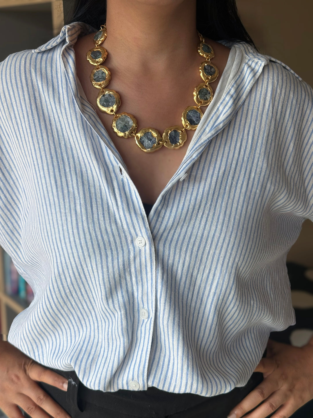 Handmade Natural Stones Gold Embedded Necklace | Adjustable Lobster Claw Brass Statement Jewelry