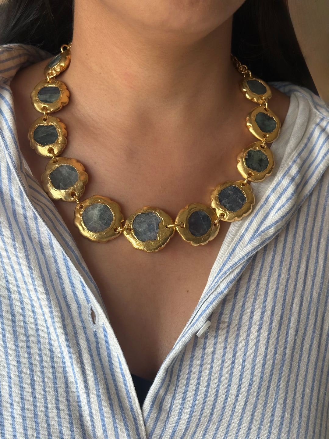 Handmade Natural Stones Gold Embedded Necklace | Adjustable Lobster Claw Brass Statement Jewelry