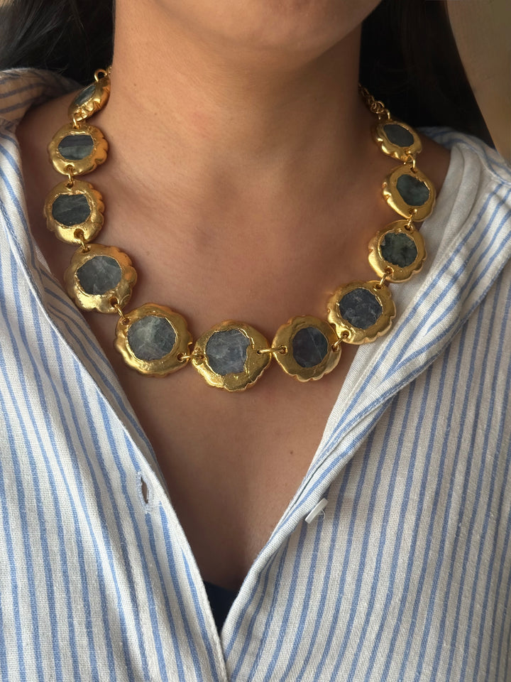 Handmade Natural Stones Gold Embedded Necklace | Adjustable Lobster Claw Brass Statement Jewelry