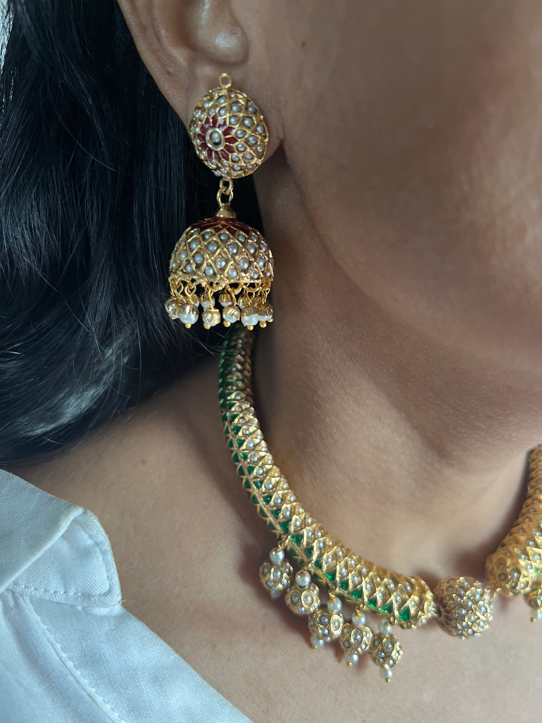 Statement Jadau Hasli Necklace Set | 18k Gold Plated | Copper & Semi-Precious Stones