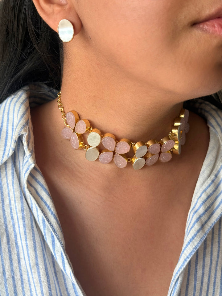 Pearl and Rose Quartz Choker Set – Gold Brass, Adjustable Necklace