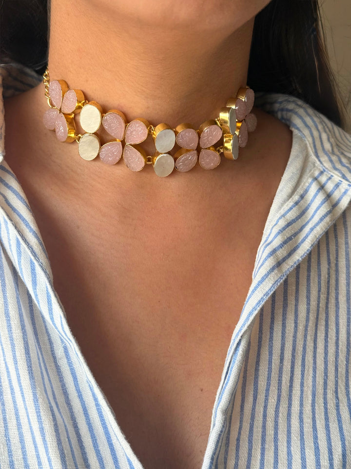 Pearl and Rose Quartz Choker Set – Gold Brass, Adjustable Necklace