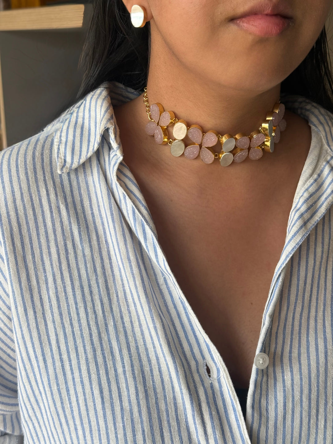 Pearl and Rose Quartz Choker Set – Gold Brass, Adjustable Necklace