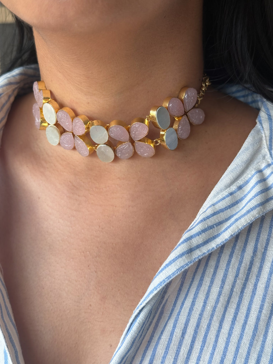 Pearl and Rose Quartz Choker Set – Gold Brass, Adjustable Necklace