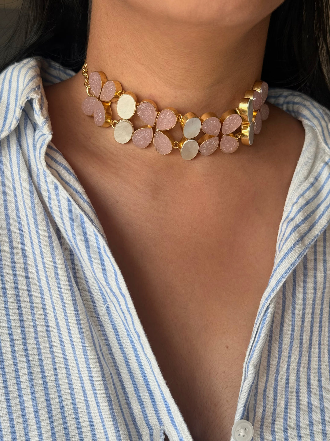 Pearl and Rose Quartz Choker Set – Gold Brass, Adjustable Necklace