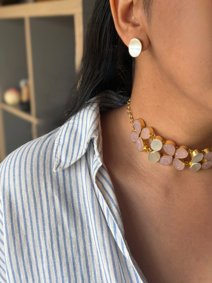 Pearl and Rose Quartz Choker Set – Gold Brass, Adjustable Necklace