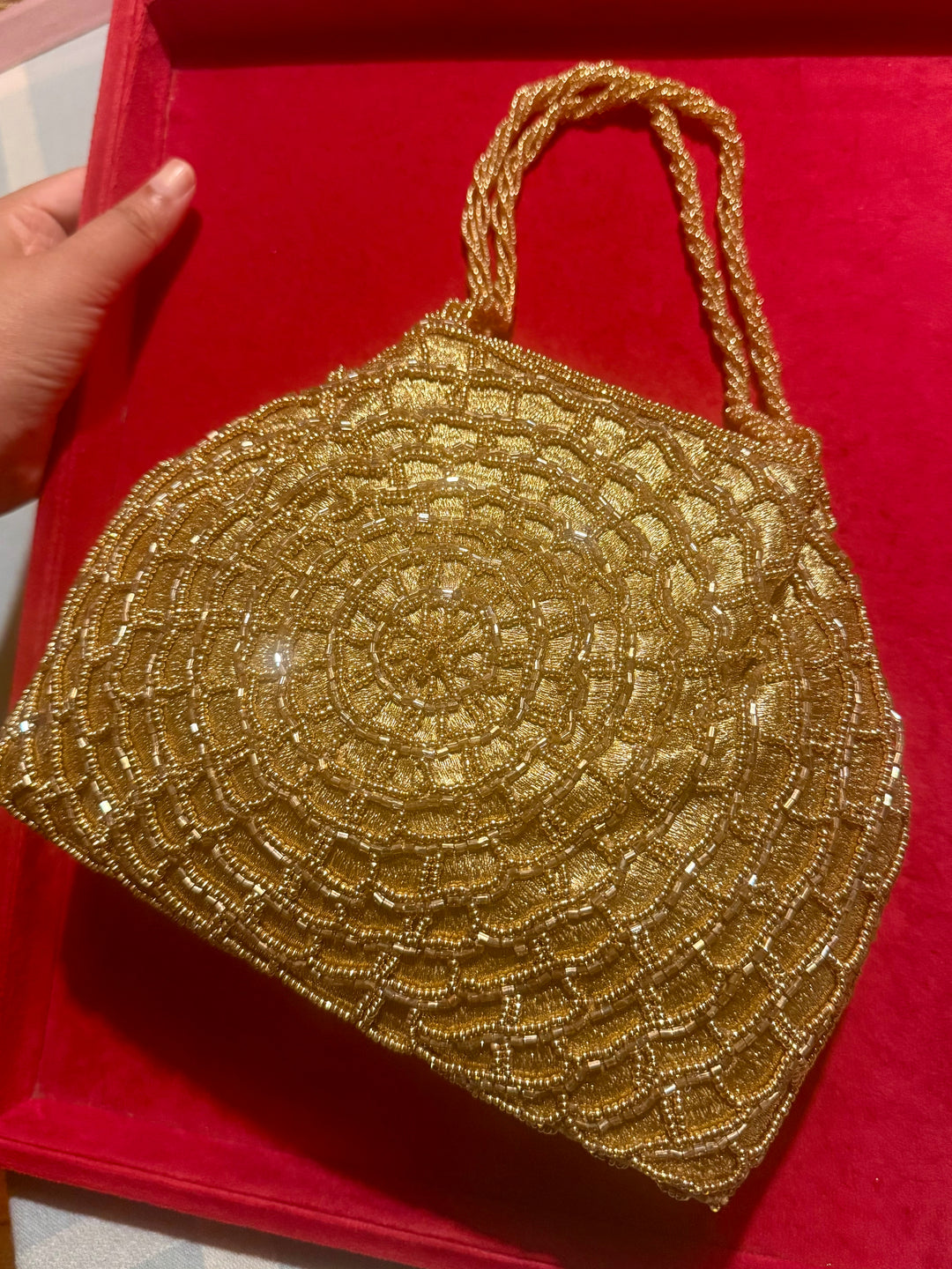 Handmade Champagne Gold Web Frame Beaded Hand Purse | Vintage Statement Evening Clutch | Artisan Embroidered Bag