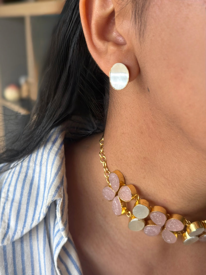 Pearl and Rose Quartz Choker Set – Gold Brass, Adjustable Necklace