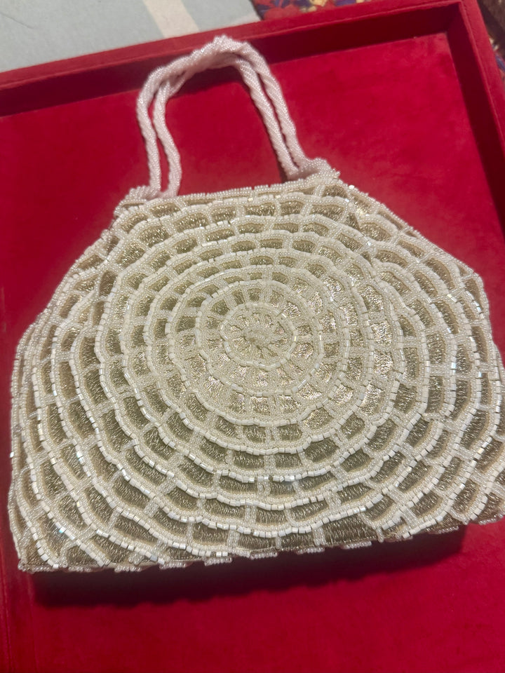 Handmade Ivory Web Frame Beaded Hand Purse | Vintage Statement Evening Clutch | Artisan Embroidered Bag