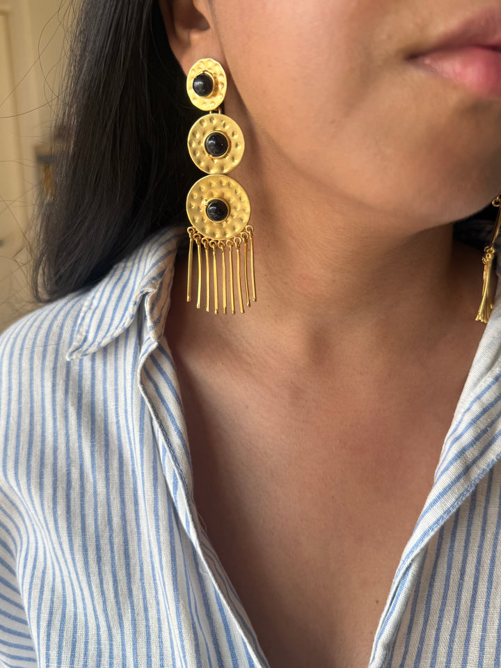 Handmade Brass Black Onyx Statement Earrings | SHIVKA | 9.5x3 cm | 28g Pair | Push Back | Gift Jewelry