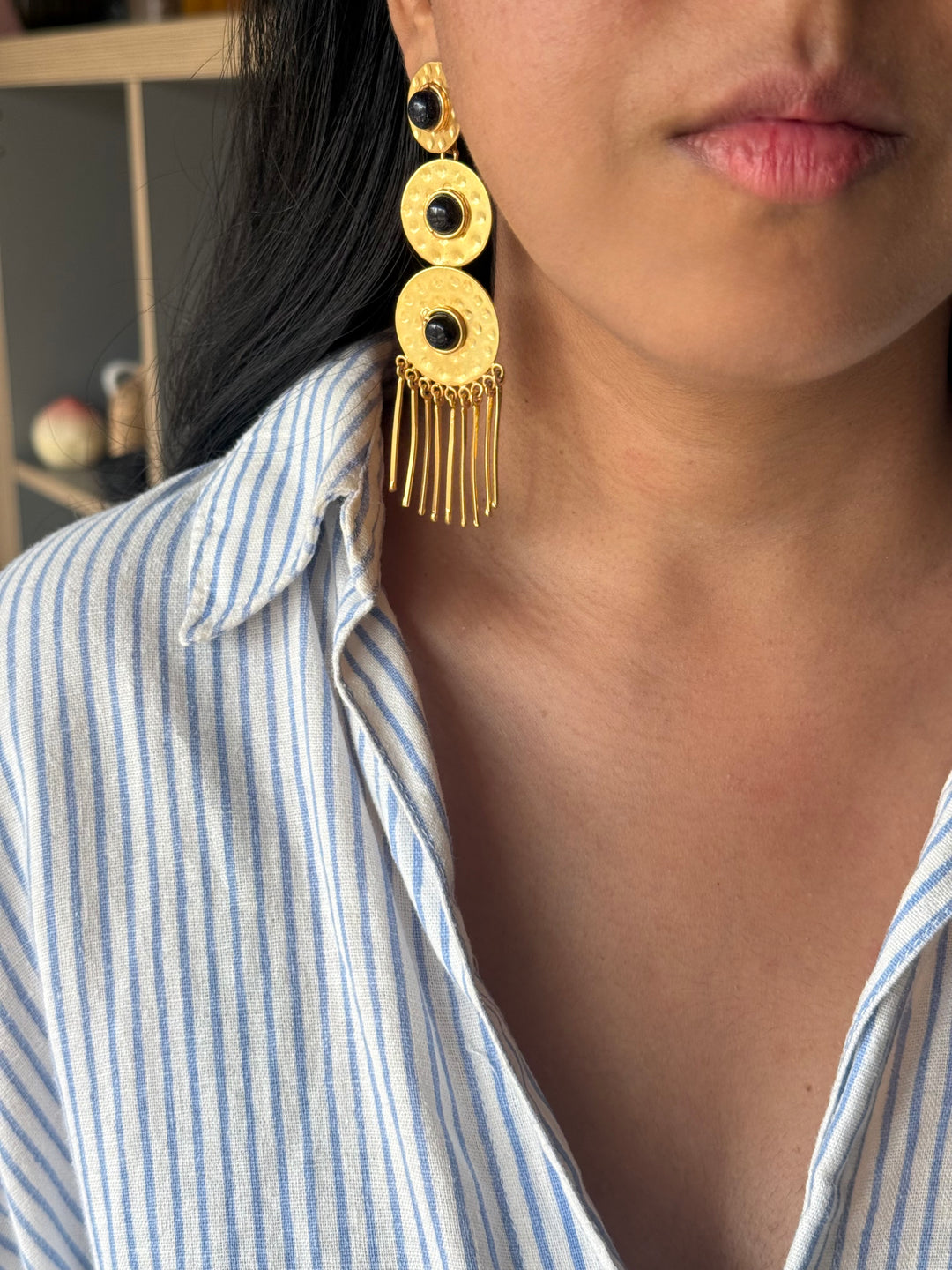 Handmade Brass Black Onyx Statement Earrings | SHIVKA | 9.5x3 cm | 28g Pair | Push Back | Gift Jewelry