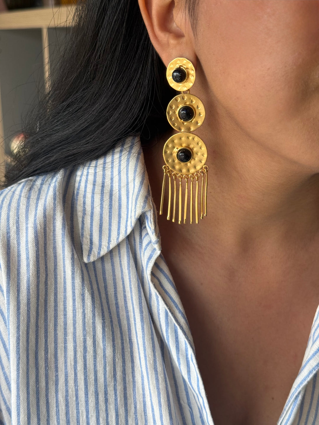 Handmade Brass Black Onyx Statement Earrings | SHIVKA | 9.5x3 cm | 28g Pair | Push Back | Gift Jewelry